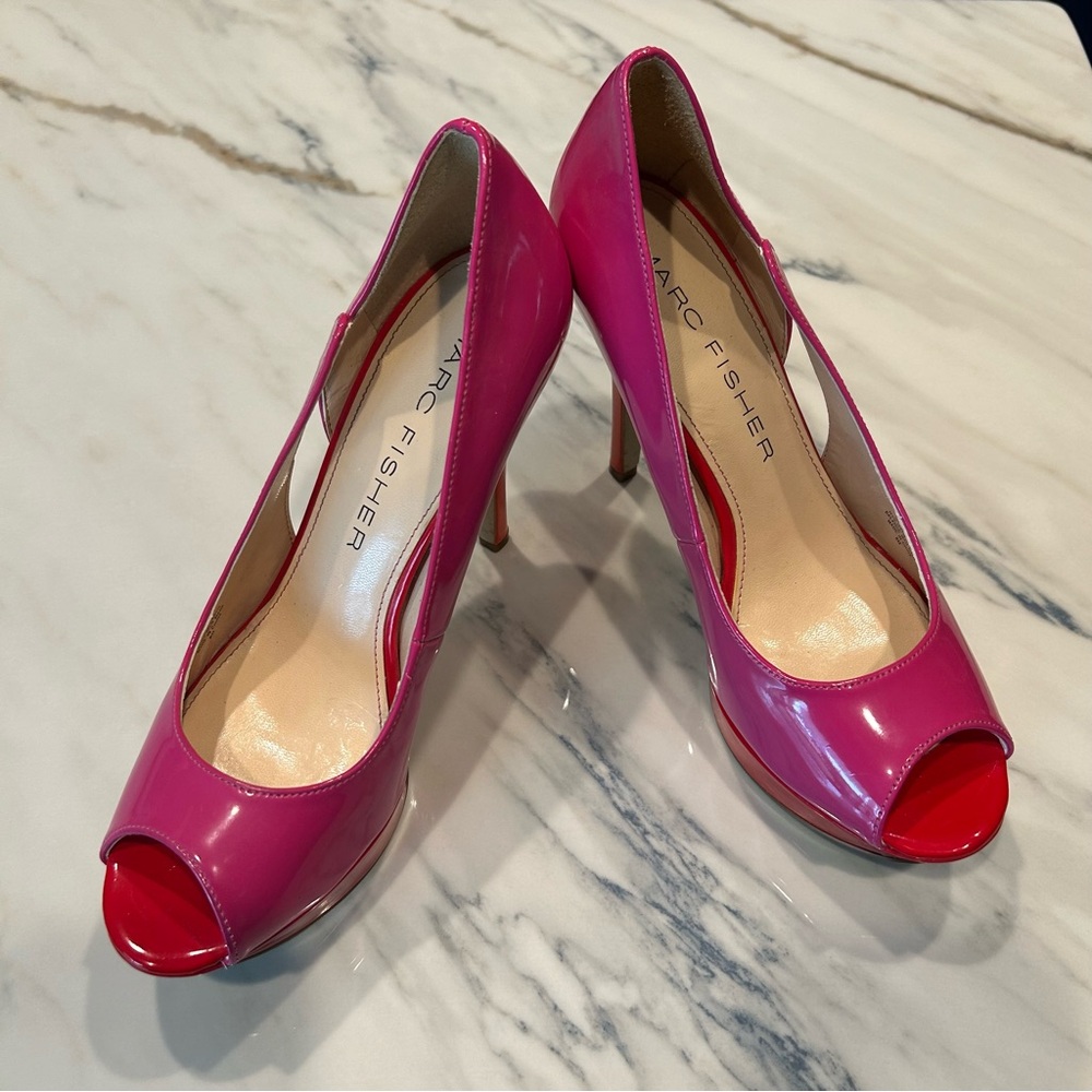 Marc Fisher EUC Platform Heels Size 8 Pink Orange Red Peep Toe - Picture 5 of 6